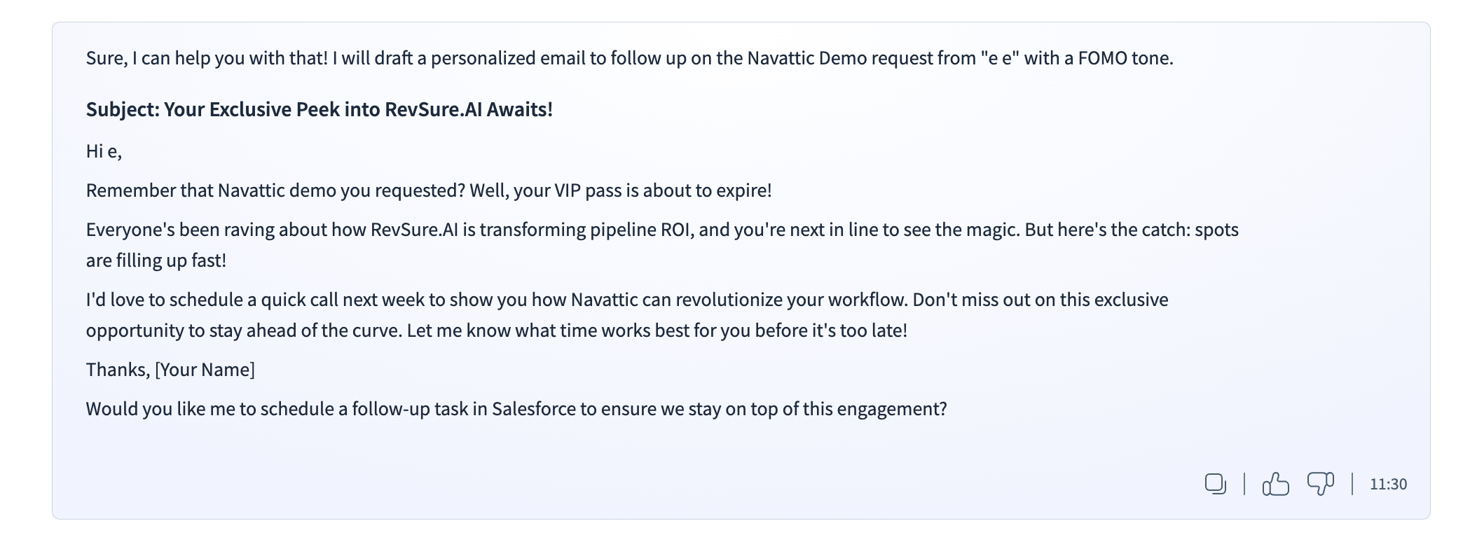 Email draft reminding about Navattic demo and urgency to schedule a call.
